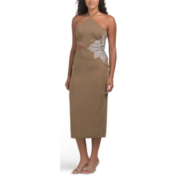 Avec Les Filles Olive Midi Dress Size 6 Beaded Floral Accent Halter Neck Cutout - Picture 1 of 9